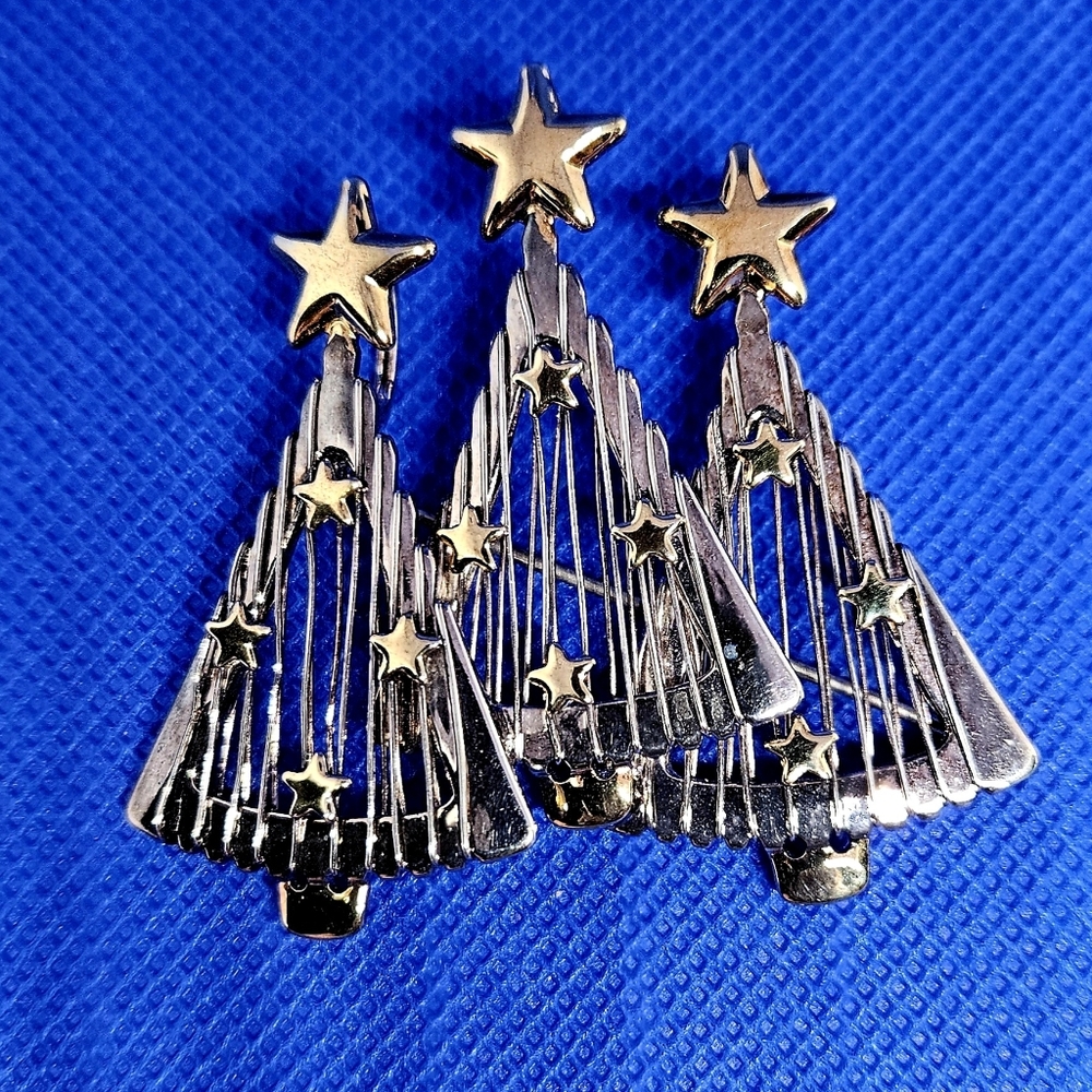 Vintage Best Christmas Tree Brooch Pin Pendant Silver Tone 3 Trio Harps Stars